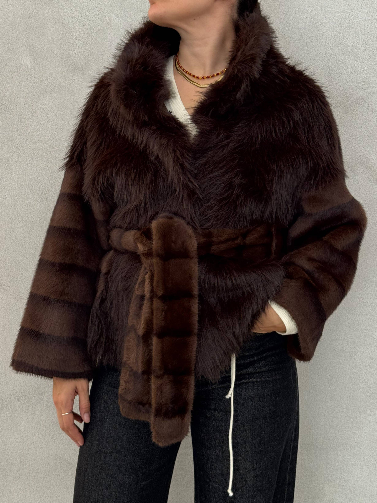 Pelliccia con cintura BULLY 7238 Eco Fur - Cacao Mix