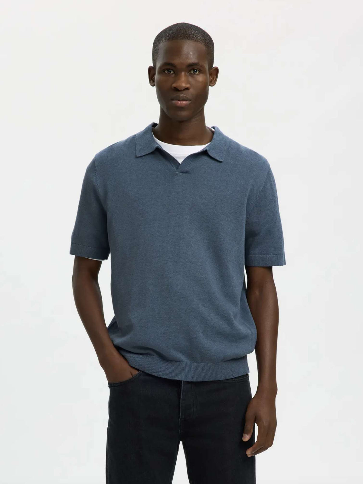 Polo Linen SELECTED 16096197 - Blue Mirage