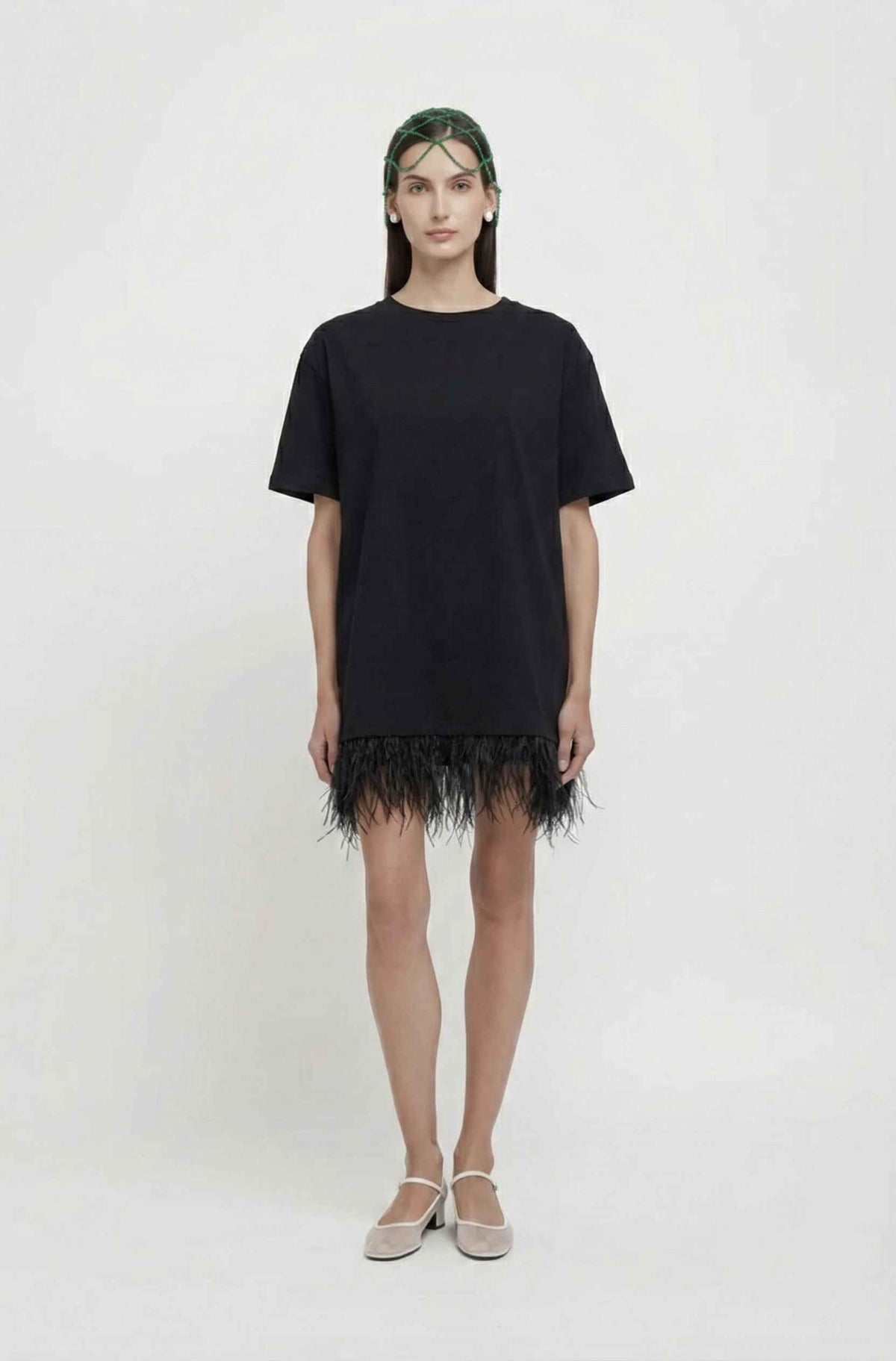 Mini abito t-shirt con piume WEILI ZHENG S26DC13 - Black