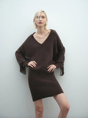 Abito in maglia scollo V frange AKEP 11021 - Testa di moro